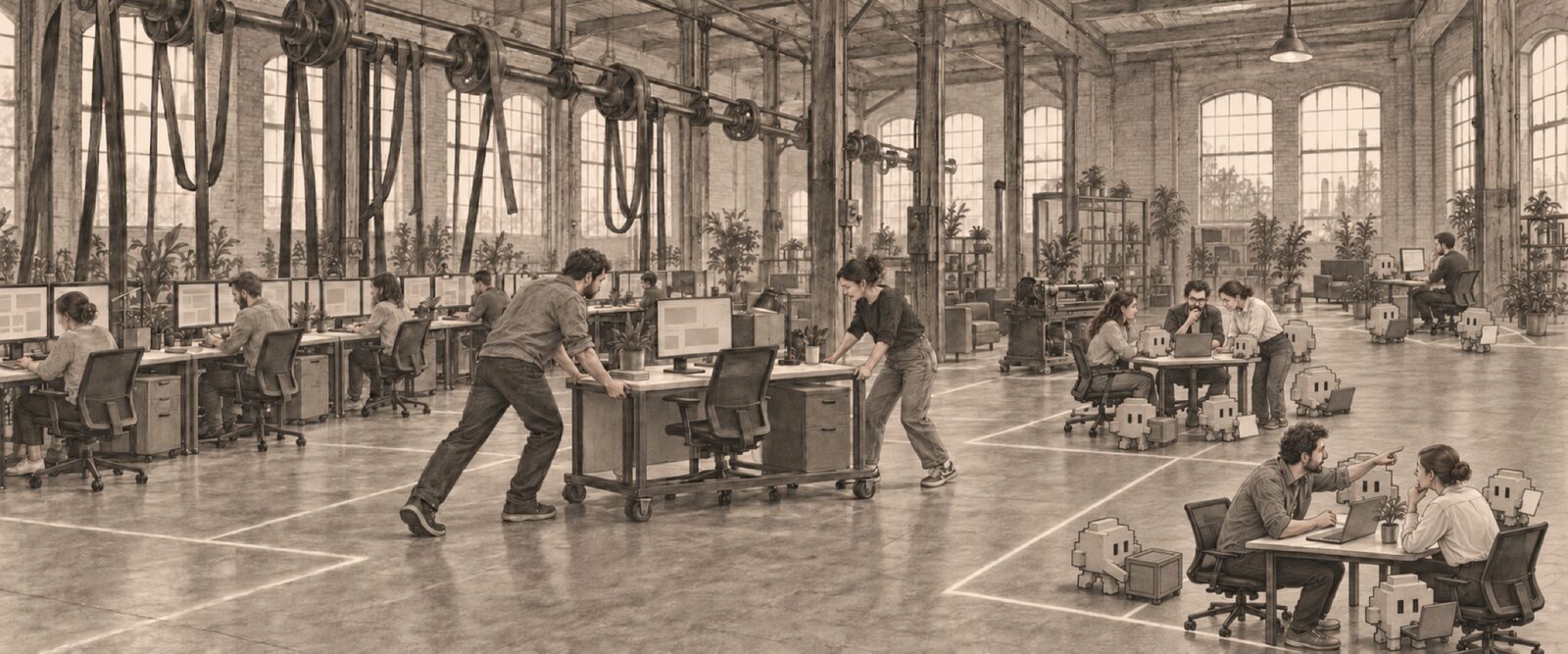 A converted brick factory hall. The old drive shaft still runs along the ceiling with its belts hanging loose, above a long straight row of identical desks. Two people roll one desk out of the row into an open space marked with tape on the floor, where small teams of two or three people work, each with a crew of small agents.