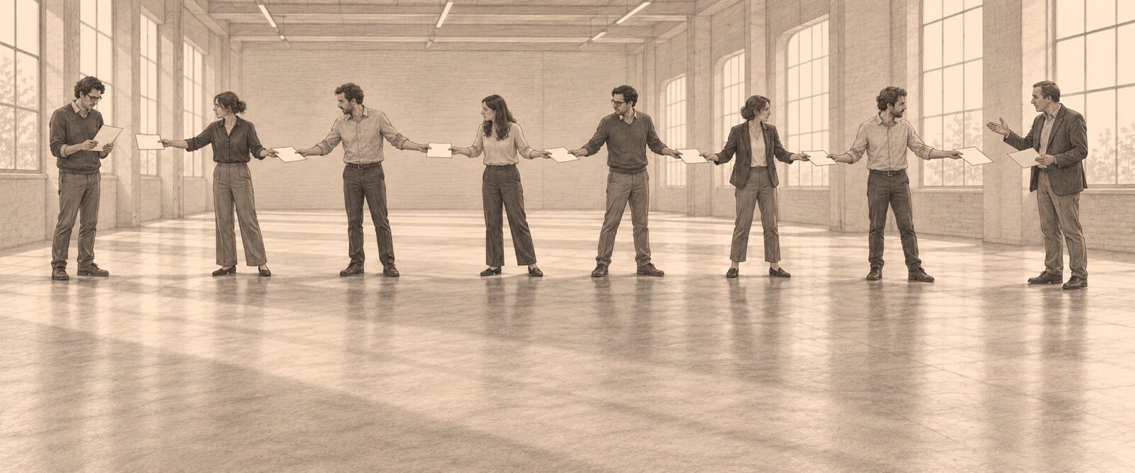 A long, empty office hall. On the right, a customer explains what they need. A single sheet of paper is passed from hand to hand along a line of six people, and at the far left end an engineer reads it, frowning, never having met the customer.