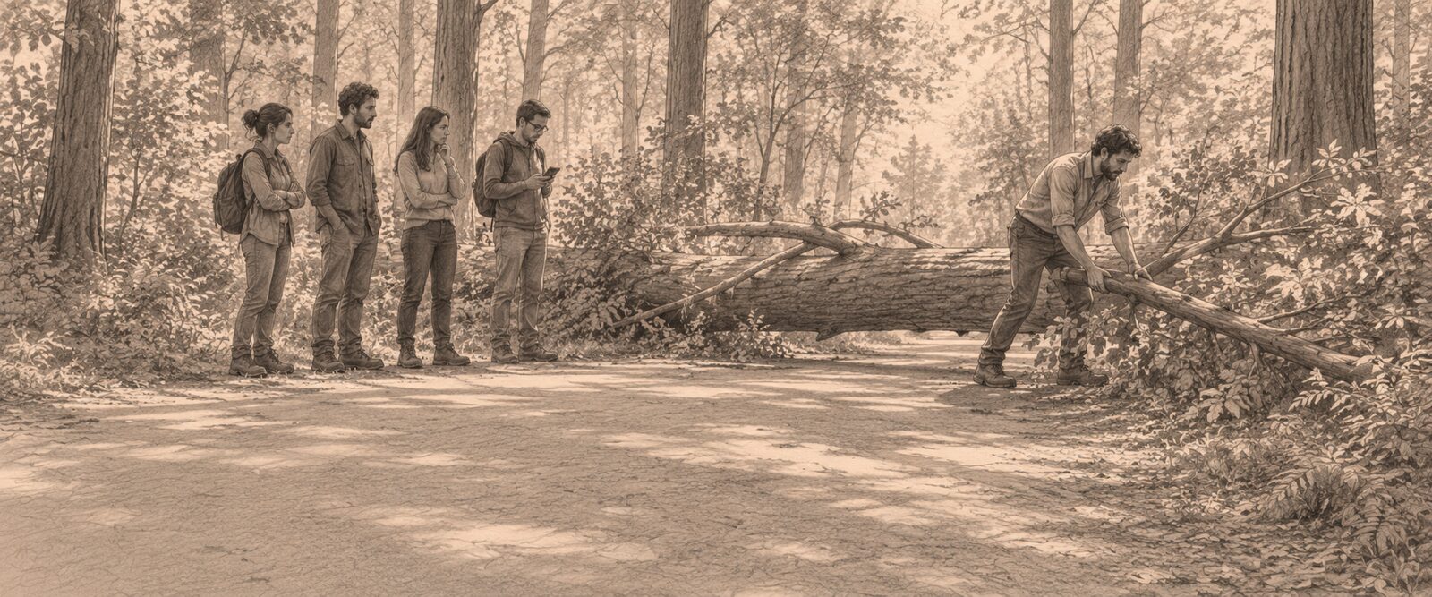 A woodland path blocked by a fallen tree. Four people stand waiting in front of it, arms crossed, hands in pockets, one looking at a phone, while one man with his sleeves rolled up is already dragging a large branch off the path.
