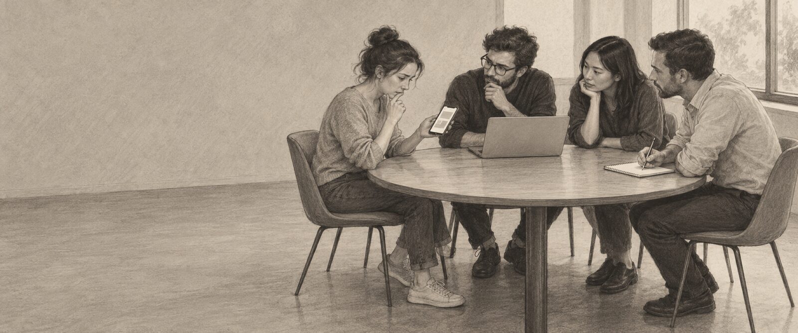 A customer sits at a round table frowning at an app on her phone, stuck on one step, while a small product team of an engineer with a laptop, a designer and a product person lean in to watch and listen, one of them taking notes.